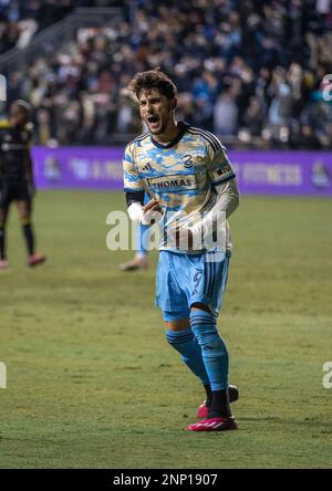 Chester, US, Feb 25th 2023 Julian Carranza (9 Union) festeggia il suo obiettivo durante la partita di calcio della Major League tra Philadelphia Union e Columbus Crew al Subaru Park di Chester, PA (Georgia Soares/SPP) Credit: SPP Sport Press Photo. /Alamy Live News Foto Stock