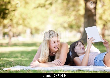 Gli amici si rilassano nel parco, la natura e la lettura con divertimento su un pic-nic, le giovani donne insieme a ridere e libro. Estate, gen z e studenti di sesso femminile su Foto Stock