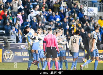 Chester, Pennsylvania, Stati Uniti. 25th Feb, 2023. 25 febbraio 2023, Chester PA- Philadelphia Union giocatori, festeggiare dopo aver segnato un gol contro Columbus Crew durante la partita a Subaru Park (Credit Image: © Ricky Fitchett/ZUMA Press Wire) SOLO USO EDITORIALE! Non per USO commerciale! Foto Stock