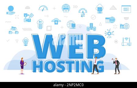 web o concetto di hosting del sito web con grandi parole e persone circondate da icone correlate con il colore blu stile vettore illustrazione Foto Stock