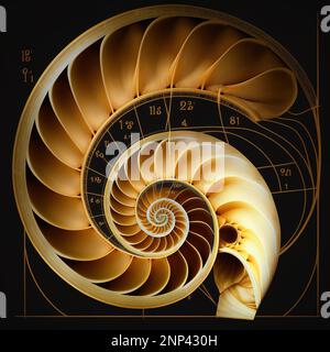 Golden ratio e spirale guscio nautilus, proporzioni matematiche in natura, IA generativa. Concetto di fibonacci, geometria, pattern, scienza, sequenza, sezione