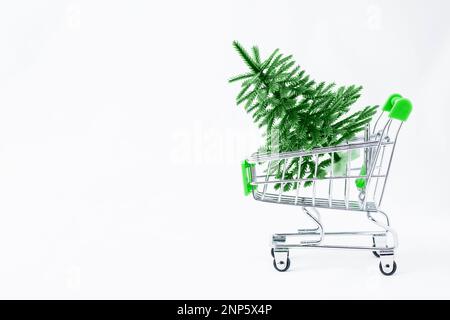 Un carrello con un albero di Natale.oggetti isolati: Albero di Natale giocattolo in un carrello, su sfondo bianco, concetto di shopping stagionale. Il concetto o Foto Stock