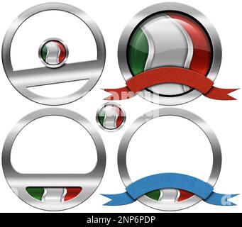 Collezione di quattro icone metalliche rotonde o simboli con bandiera italiana e nastro vuoto con spazio copia e isolato su sfondo bianco. Foto Stock