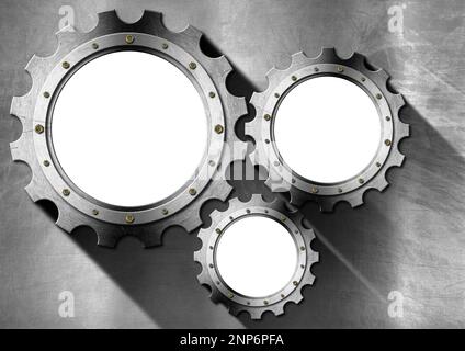 Gruppo di tre ingranaggi metallici vuoti (ruote dentate) su sfondo in metallo inossidabile con spazio di copia e ombre. Illustrazione 3D. Foto Stock