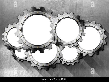 Gruppo di sette ingranaggi metallici vuoti (ruote dentate) su sfondo di metallo inossidabile con spazio di copia (sfondo bianco) e ombre. Illustrazione 3D. Foto Stock