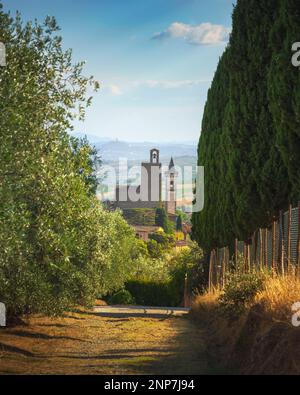 Vinci, città natale di Leonardo, vista sul Castello conti Guidi e sulla chiesa di Santa Croce da un sentiero con cipressi e ulivi. Provincia di Firenze, T Foto Stock