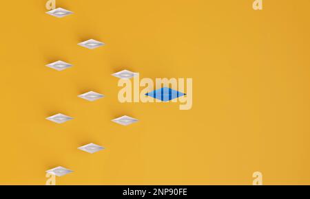 Vista dall'alto della barca di carta conduce in blu, seguita da un'altra barca bianca su sfondo giallo. Concetto di social media o follower su Internet. Rendering 3D. Foto Stock