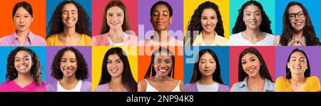 Donne felici. Set di volti sorridenti di diverse Donne su sfondi colorati Foto Stock