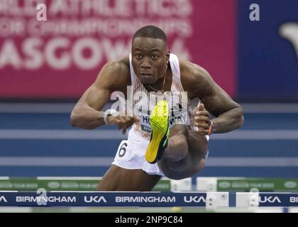 Grant Holloway (USA) vince il Birmingham World Tour Indoor Athletics 60m all'Utilita Arena di Birmingham, Regno Unito, il 25 febbraio 2023. Foto di Mark Dunn. Foto Stock