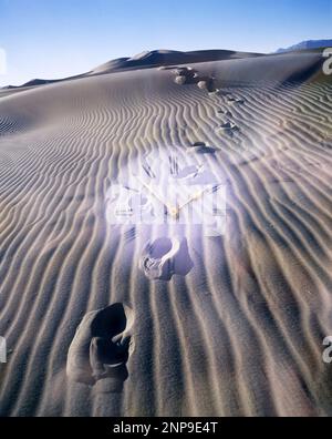 OROLOGIO TASCABILE VECCHIO STILE SOVRAPPOSTO A UNA SOLA LINEA DI PASSI NELLA SABBIA DEL DESERTO Foto Stock