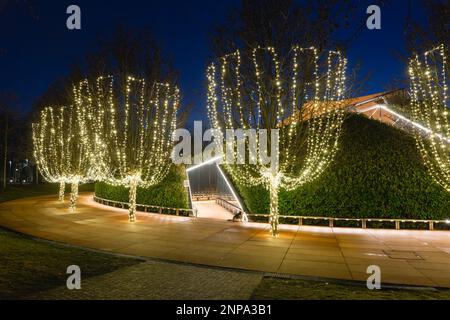 Russia, Krasnodar - 04 gennaio 2023: Decorato con ghirlande, alberi e l'ingresso di un labirinto a specchio nel parco notturno della Galizia a Krasnodar Foto Stock