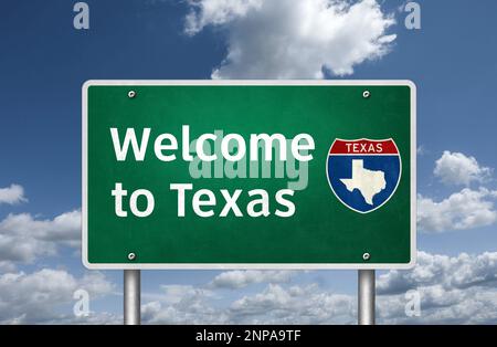 Benvenuto nello stato del Texas degli Stati Uniti - messaggio di cartello stradale Foto Stock