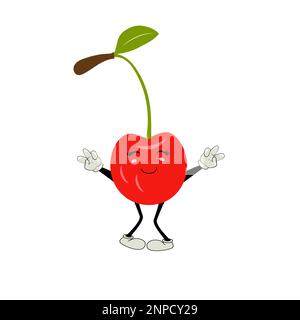 Illustrazione vettoriale del cartone animato di Cherry. Carino Cherry carattere, icona vettore illustrazione. Il carattere è allegro con le braccia e le gambe. Set di frutta emoticon Illustrazione Vettoriale