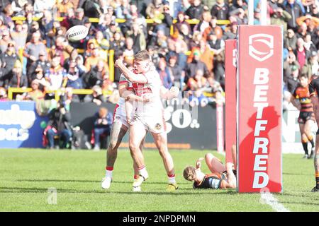 Castleford, Regno Unito. 26th Feb, 2023. Jack Welsby celebra la sua prova *** durante la partita della Betfred Super League tra Castleford e St Helens alla Mend-A-Hose Jungle di Castleford, Regno Unito, il 26 febbraio 2023. Foto di Simon Hall. Solo per uso editoriale, licenza richiesta per uso commerciale. Non è utilizzabile nelle scommesse, nei giochi o nelle pubblicazioni di un singolo club/campionato/giocatore. Credit: UK Sports Pics Ltd/Alamy Live News Foto Stock