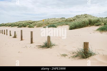 Pali di legno sulla spiaggia di Ainsdale segnano il perimetro del parcheggio utilizzato dal pubblico. Foto Stock