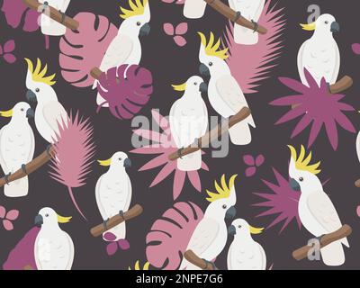 I pappagalli vettoriali amano il pattern senza cuciture. Cartoon carina famiglia cockatoo con foglie tropicali. Texture creativa per tessuti, fasciature, tessuti Illustrazione Vettoriale