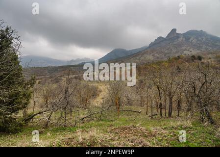 Paesaggio della riserva di Karadag in primavera. Vista sulle montagne, le rocce e la cresta nelle giornate nuvolose. Crimea Foto Stock