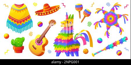 Set di cartoni animati di accessori per feste messicani isolati su sfondo bianco. Illustrazione vettoriale di pinata tradizionale asino, chitarra spagnola, maracas, somb Illustrazione Vettoriale