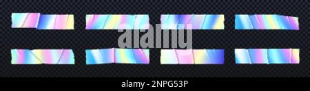Nastro adesivo olografico iridescente con texture stropicciate, arcobaleno perlescente o unicorno sfocato sticky scotch con colori pastello tenui, adesivo vettoriale st Illustrazione Vettoriale