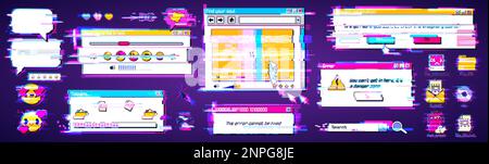 Interfaccia digitale retro computer con effetto glitch. Schermo del PC desktop con finestre, icone e frame di messaggi in stile retrospettive nei colori al neon, vecto Illustrazione Vettoriale