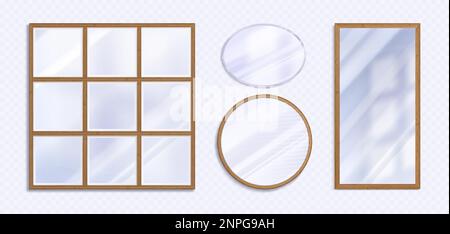Set realistico di diversi specchi png isolati su sfondo trasparente. Illustrazione vettoriale di mockup in vetro a riflessione quadrata, rotonda e rettangolare Illustrazione Vettoriale