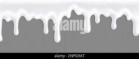 Flusso realistico di yogurt o vernice bianca isolato su sfondo trasparente. Illustrazione vettoriale della sostanza liquida cremosa che gocciola sulla superficie. Cibo o. Illustrazione Vettoriale