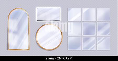 Set realistico di diversi specchi png isolati su sfondo trasparente. Illustrazione vettoriale di mockup in vetro a riflessione quadrata, rotonda e rettangolare Illustrazione Vettoriale