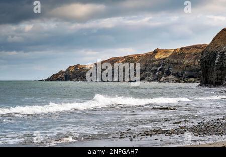 Il sole nel tardo pomeriggio bacia le scogliere lungo l'aspra costa atlantica di Cape Breton vicino a New Victoria. Foto Stock