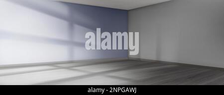 Stanza vuota con parete blu e effetto luce gobo attraverso la finestra. Sfondo angolare minimo con ombre realistiche. 3d rendering vista prospettica mockup wit Illustrazione Vettoriale