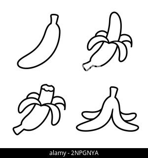 Doodle banana icone linea nera e bianca: Intero, sbucciato, morso e buccia vuota. Disegno semplice, illustrazione di clip vettoriali. Illustrazione Vettoriale