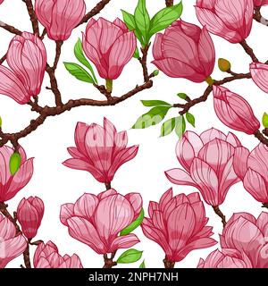 fiori di magnolia rosa, motivo senza cuciture. illustrazione disegnata a mano Illustrazione Vettoriale