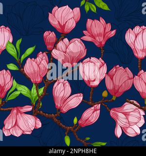 fiori di magnolia rosa, motivo senza cuciture. illustrazione disegnata a mano Illustrazione Vettoriale