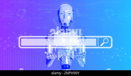 robot di rendering 3d che mostra ologramma virtuale della barra dei motori di ricerca con spazio vuoto per la ricerca con dati digitali di sfondo, stile cyberpunk. Ai robo Foto Stock