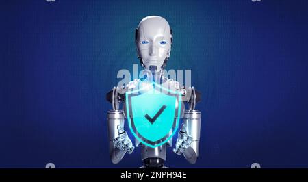 robot intelligente con rendering 3d che mostra l'icona dello scudo di protezione virtuale, tenendo con le mani il lucchetto digitale e il codice binario su sfondo blu. Ai robotica, CY Foto Stock