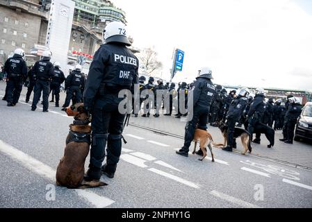 Amburgo, Germania. 26th Feb, 2023. Calcio: 2nd Bundesliga, Giornata 22, FC St. Pauli - Hansa Rostock, al Millerntor Stadium. Le forze di polizia con cani si trovano fuori dallo stadio. Credit: Daniel Bockwoldt/dpa/Alamy Live News Foto Stock