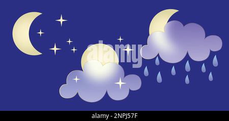 Serie di icone meteo. Simboli di stile glassmorfismo per l'app di previsione meteo. Elementi isolati su sfondo bianco. Notte estate primavera autunno stagione Illustrazione Vettoriale