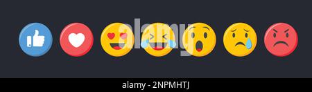 Set di icone emoji. Raccolta di reazioni emoticon sui social media, illustrazione vettoriale. Illustrazione Vettoriale