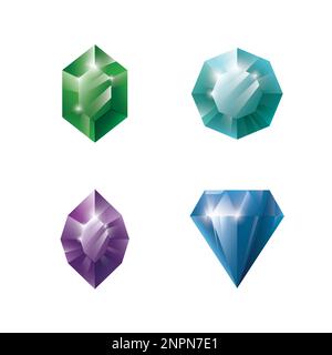Set di gemme e gioielli. Collezione pietre preziose e diamanti, icone UI di gioco, illustrazione vettoriale. Illustrazione Vettoriale