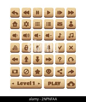 Risorsa interfaccia utente del gioco pulsanti in legno. Icone dell'interfaccia utente di gioco. illustrazione vettoriale. Illustrazione Vettoriale