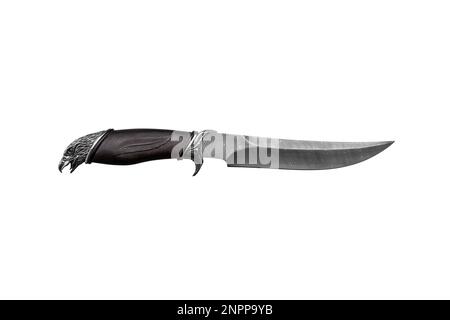 Coltello da caccia in acciaio Damasco. Manico decorativo in legno e metallo a forma di testa di aquila. Isolare su sfondo bianco. Foto Stock