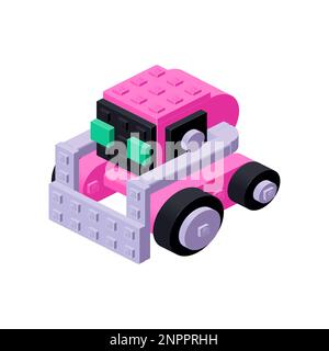 Carino robot rosa, un giocattolo fatto di mattoni di plastica in isometria. Clipart del vettore Illustrazione Vettoriale