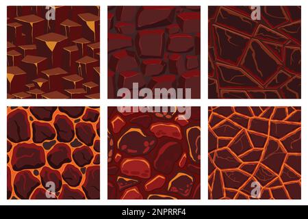 Texture di giochi di cartoni animati, motivi senza giunture di superfici laviche. Risorse di gioco pareti e sfondi di ambiente. Illustrazione Vettoriale