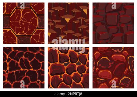 Texture di giochi di cartoni animati, motivi senza giunture di superfici laviche. Risorse di gioco pareti e sfondi di ambiente. Illustrazione Vettoriale