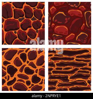 Texture di giochi di cartoni animati, motivi senza giunture di superfici laviche. Risorse di gioco pareti e sfondi di ambiente. Illustrazione Vettoriale