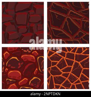 Texture di giochi di cartoni animati, motivi senza giunture di superfici laviche. Risorse di gioco pareti e sfondi di ambiente. Illustrazione Vettoriale