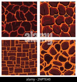 Texture di giochi di cartoni animati, motivi senza giunture di superfici laviche. Risorse di gioco pareti e sfondi di ambiente. Illustrazione Vettoriale