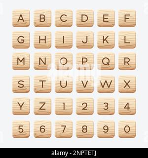 Piastrelle di legno alfabeto. Blocco quadrato con lettere e numeri. Risorse di gioco, puzzle o interparole giochi UI, illustrazione vettoriale. Illustrazione Vettoriale