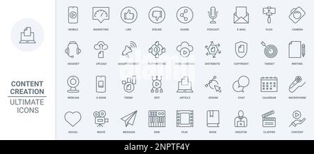 Le icone delle linee sottili per la creazione di contenuti impostano l'illustrazione vettoriale. Delineare il copyright e il marketing nei social media, podcast sulle tendenze dei blog per condividere, scrivere e modificare articoli su computer o telefono cellulare, hosting Illustrazione Vettoriale