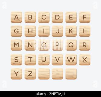 Piastrelle di legno alfabeto. Blocco quadrato con lettere. Risorse di gioco, puzzle o interparole giochi UI, illustrazione vettoriale. Illustrazione Vettoriale