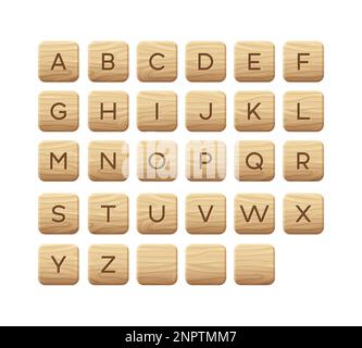 Piastrelle di legno alfabeto. Blocco quadrato con lettere. Risorse di gioco, puzzle o interparole giochi UI, illustrazione vettoriale. Illustrazione Vettoriale
